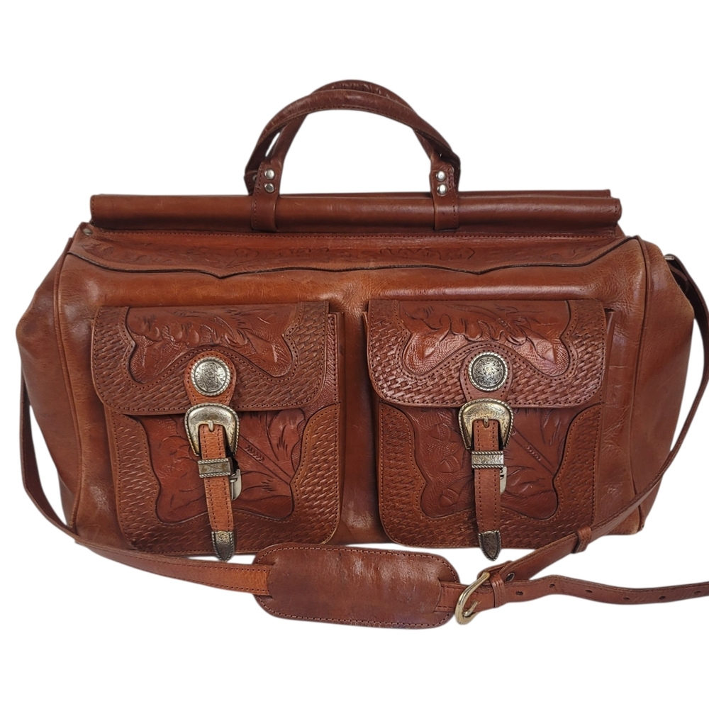 Vintage American West Hand Tooled Luggage Bag, Travel Bag, Carry-On Duffel Large